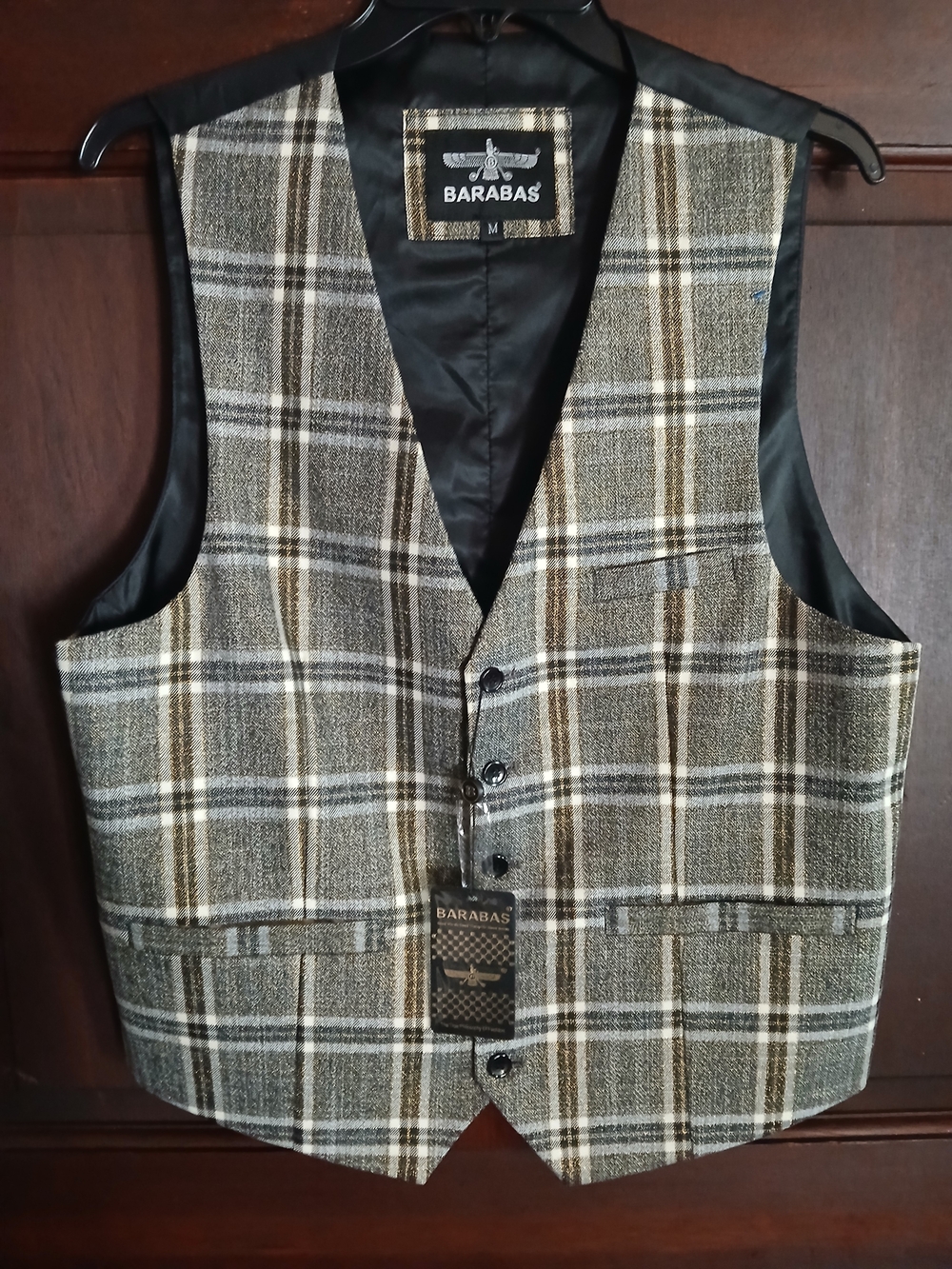 Barabas Men's Black, Brown Plaid Suit Vest Size M With Gold Metallic Thread